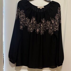 LOFT Black Blouse with Floral taupe Yoke long sleeve sheer polyester M